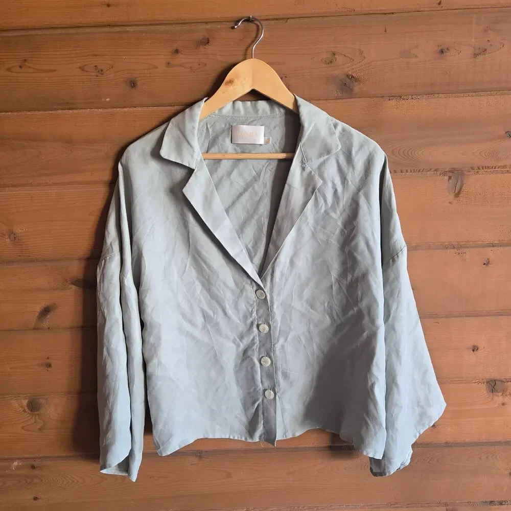 Anthropologie Sancia Annika Shirt Celadon Green Button Front Flare Sleeve Top XS - Picture 2 of 8